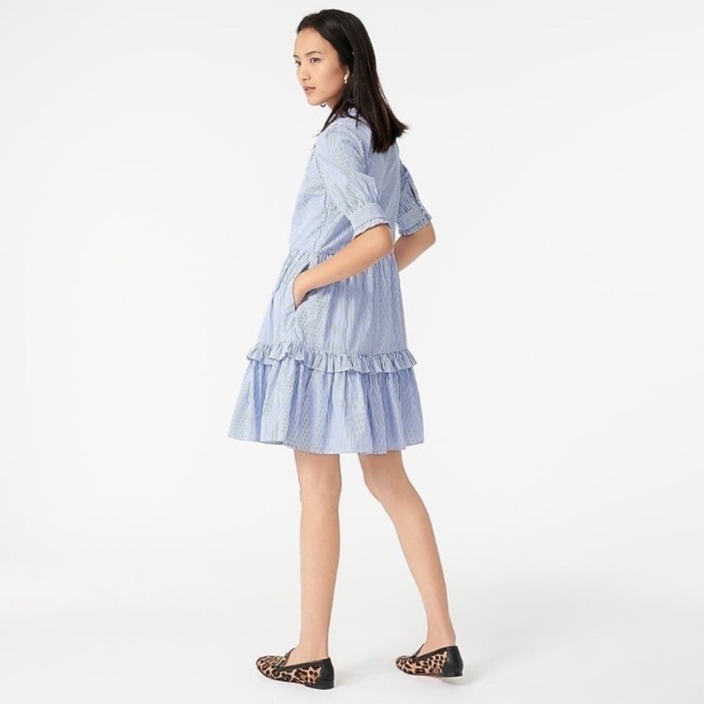 J.Crew Blue White Striped Tiered Cotton Poplin Mini‎ Dress Puff Sleeve Ruffle S
